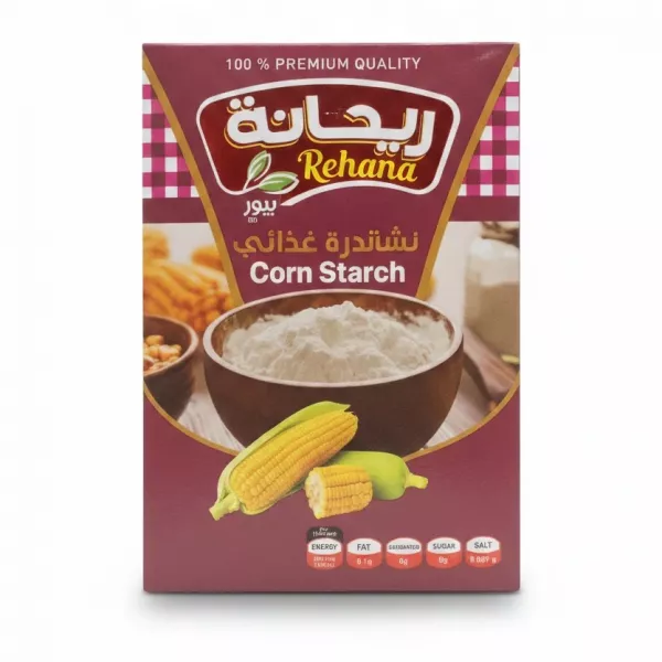 Rehana brand corn starch box front with corn illustration