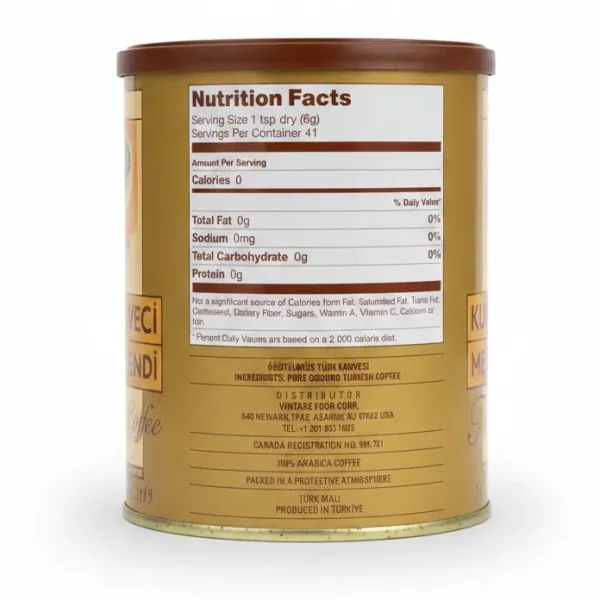 Nutrition facts and ingredients on Kurukahveci Mehmet Efendi Turkish Coffee tin