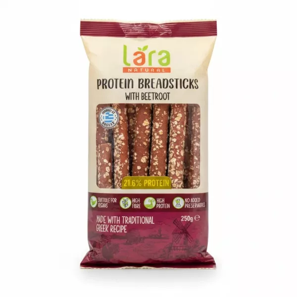 Pack of Lara Natural Protein Breadsticks with Beetroot in cream and burgundy packaging
