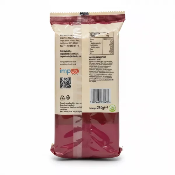 Back of Lara Natural Protein Breadsticks pack showing ingredients and nutritional facts