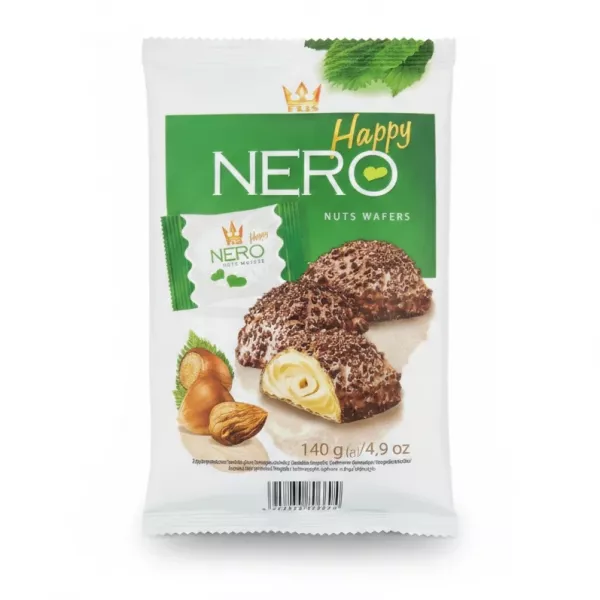Flis Nero Happy Nuts Wafers packet front showing chocolate-covered wafers and hazelnuts
