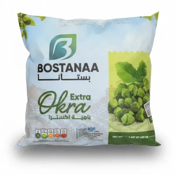 Front pack of Bostana Extra Okra frozen vegetable with brand and product name