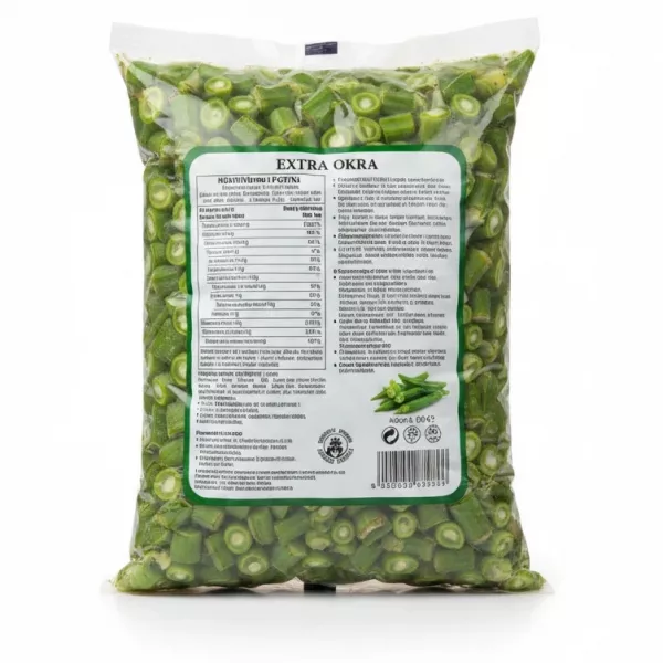 Back pack of Bostana Extra Okra showing cooking instructions and nutritional info