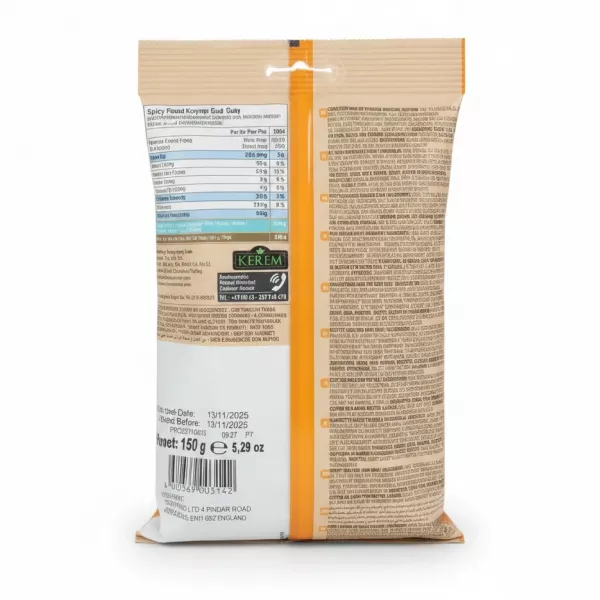 Back of Kerem spicy roasted corn snack bag showing ingredients and nutritional facts