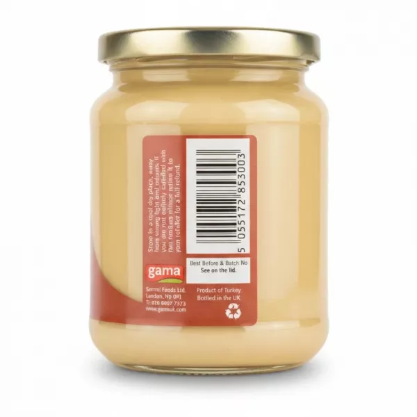 Ebru Tahini jar back label with barcode and product info