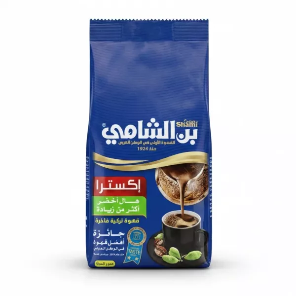 Cafe Shami blue bag of Turkish coffee with extra cardamom front view