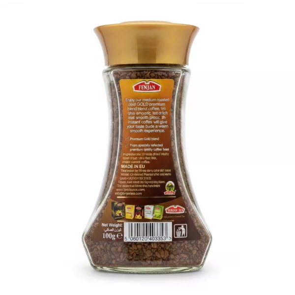 Fenjan Gold Freeze Dried Instant Coffee back jar view with ingredients and details