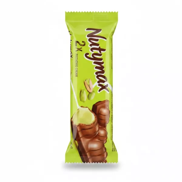 Nuttymax chocolate bar with pistachio cream inside in green wrapper