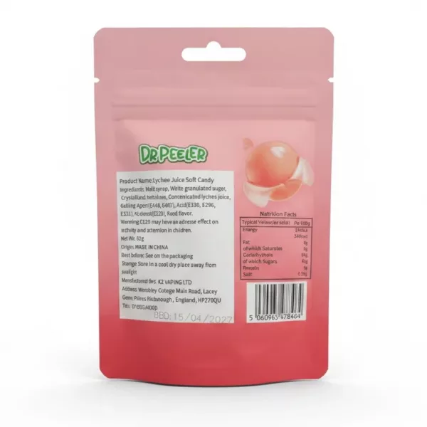 back side of Dr Peeler lychee gummy candy pack showing ingredients and nutritional facts