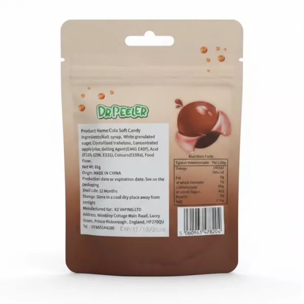 Dr. Peeler Cola gummy candy back packaging with ingredients and nutrition
