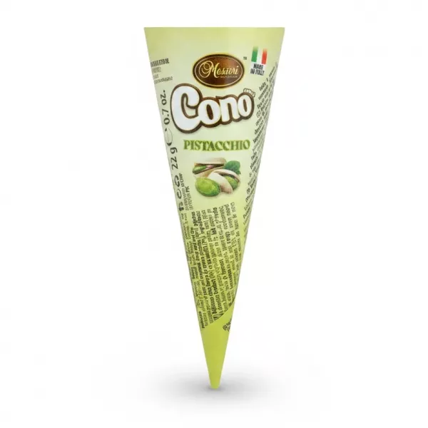 Messori Cono Pistacchio chocolate cone wrapped in green packaging held in hand