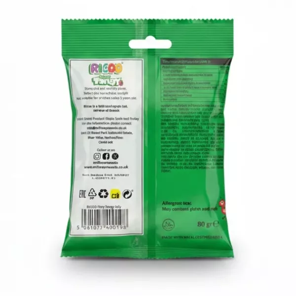 Ricoo Fizzy Tangy Jelly Sweets 80g pack back with ingredients and barcode