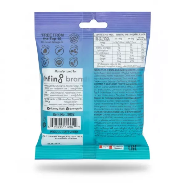 CheeryChews Gummy Rush Blue Sharks pack back with ingredients and barcode