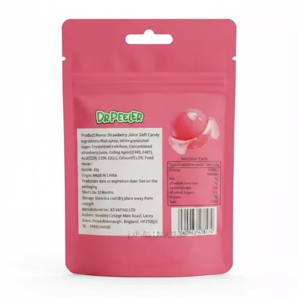 Dr Peeler strawberry peelable gummy candy pack back with ingredients and nutrition