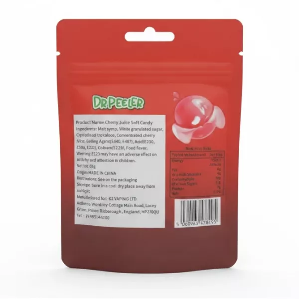 Dr Peeler Peelable Cherry Gummy Candy pouch back with ingredients and nutritional facts