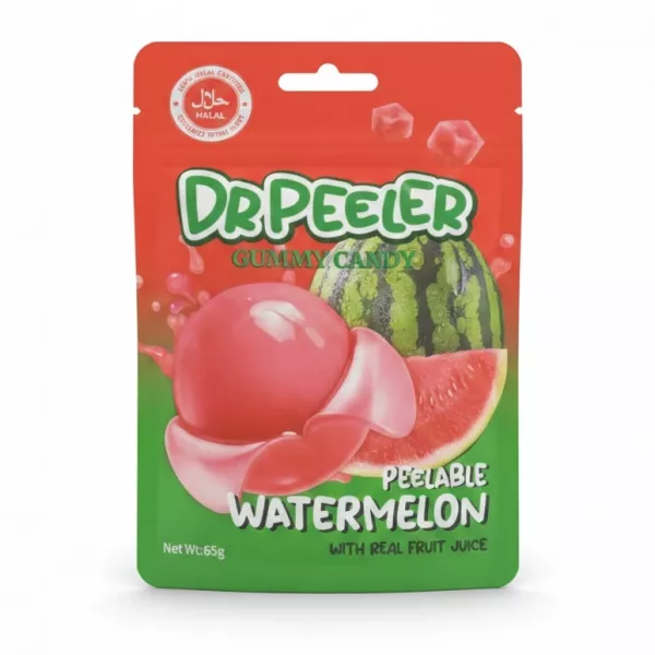 Pack of Dr Peeler Peelable Watermelon Gummy Candy front view showing watermelon and candy illustration