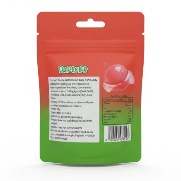 Back of Dr Peeler Peelable Watermelon Gummy Candy packaging with ingredient, nutritional facts, and barcode
