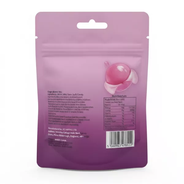 Dr Peeler Peelable Grape Gummy Candy back packaging with ingredients, nutritional facts, and barcode