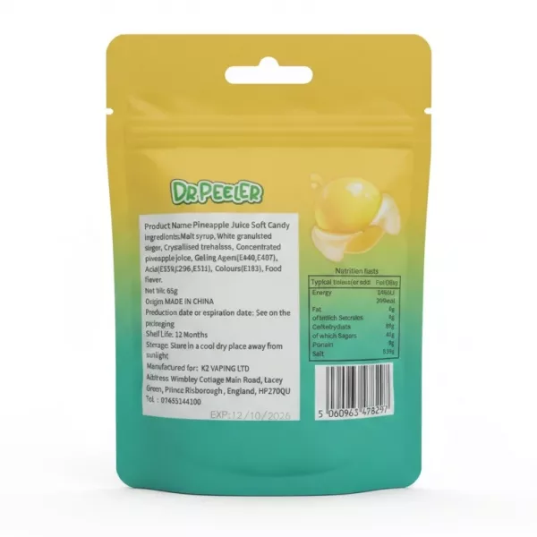Dr Peeler Peelable Pineapple Gummy Candy back packaging with ingredients and nutrition facts