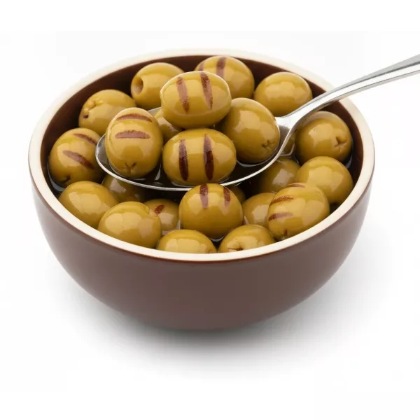 Pickled green olives with distinct grill marks in a brown bowl