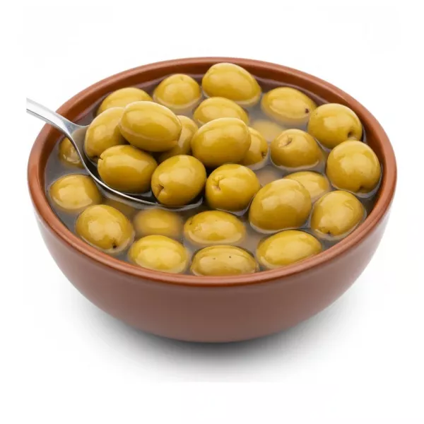 Pickled green olives in brine in a brown dish