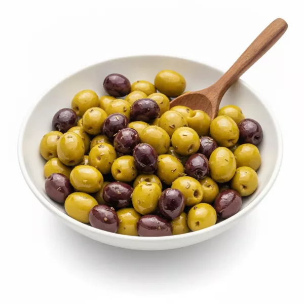 Mix of green and black olives marinated in herbs and oil