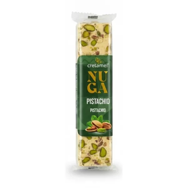 Front view of the Cretamel Pistachio Nougat Bar in clear packaging showing pistachios