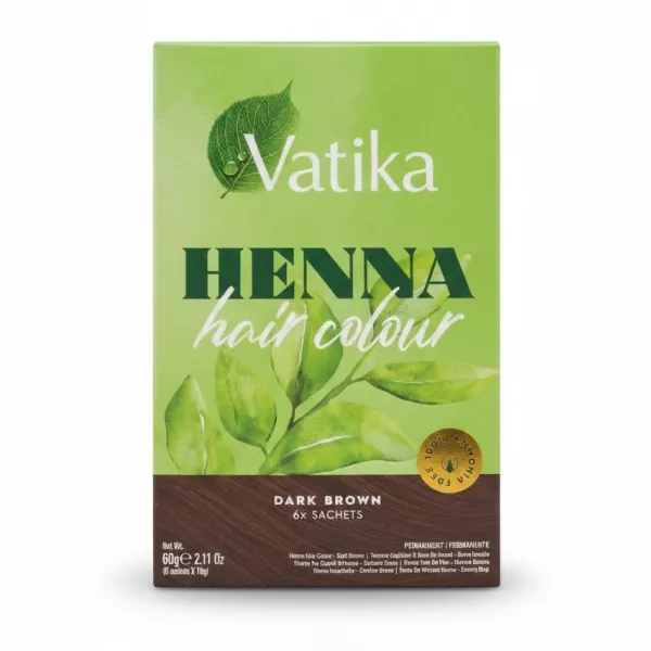 Vatika Henna Hair Colour box front showing dark brown shade and 6 sachets