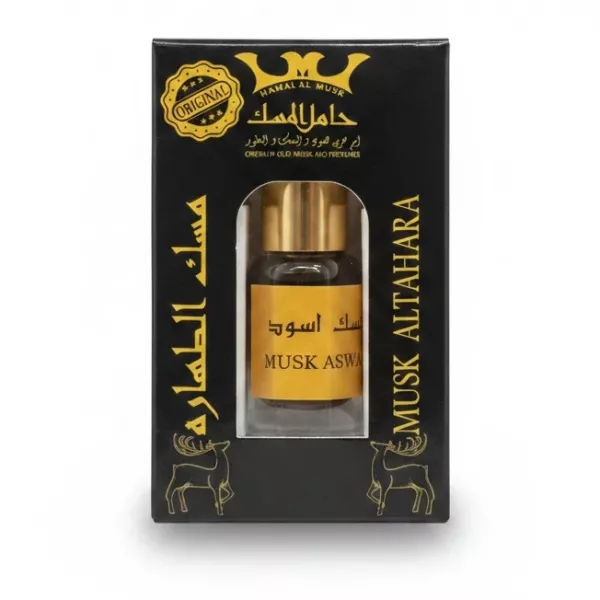 Hamal Musk Black Oil in black and gold box with visible bottle