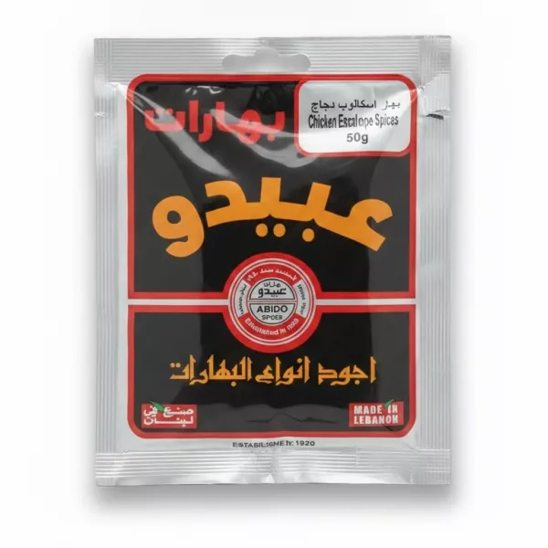 Front of Abido Chicken Escalope Spices 50g packet with bold orange and black design