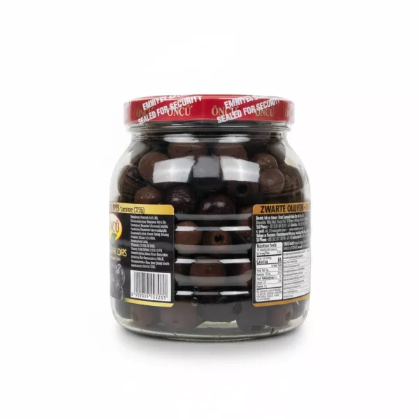 Side view of Öncü Black Olives jar with nutritional facts