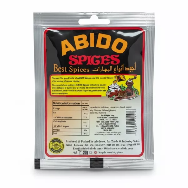 Back packaging showing ingredients and nutrition of Abido Hamburger Spices 50g