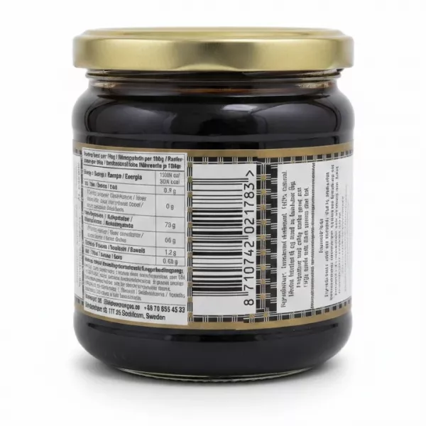 Back view of Basra Date Syrup jar with barcode and nutritional info