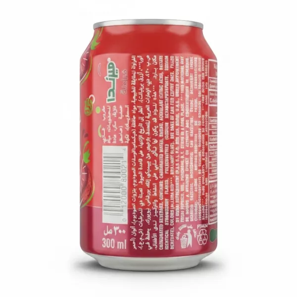 Back of Mirinda Strawberry can showing ingredients and barcode