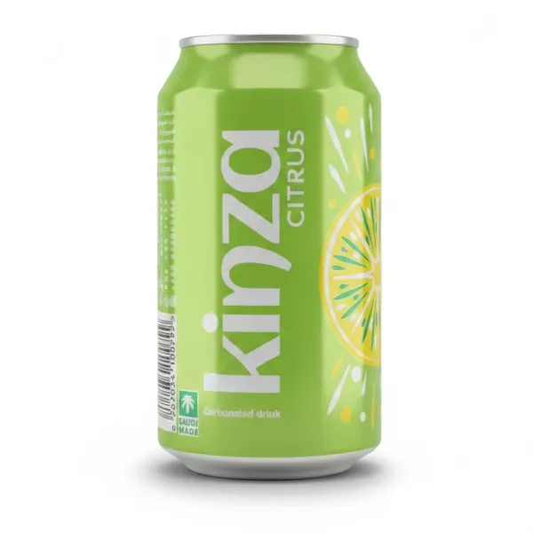 side view of Kinza Citrus drink can showing branding and citrus design