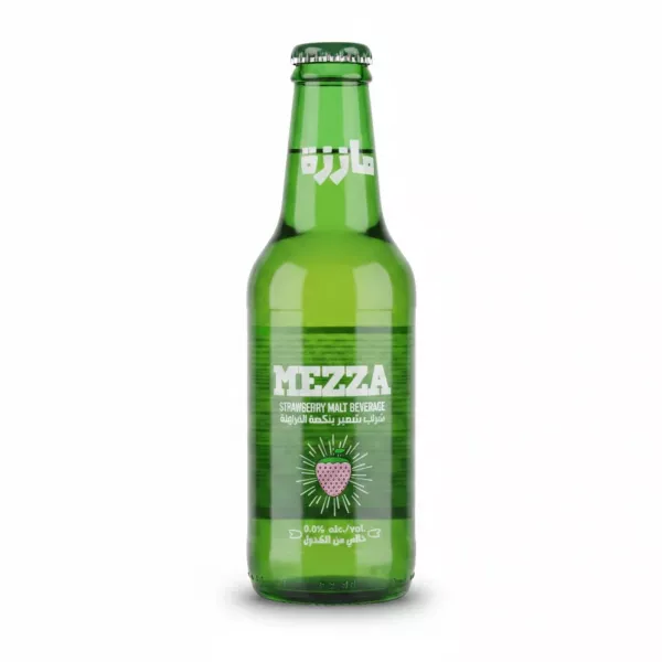 Green glass bottle of Mezza Strawberry Malt Beverage front label showing brand and strawberry graphic
