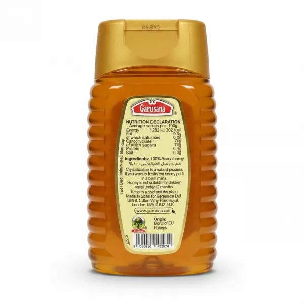 Back view of Garusana 100% Acacia Honey bottle showing nutritional info and barcode