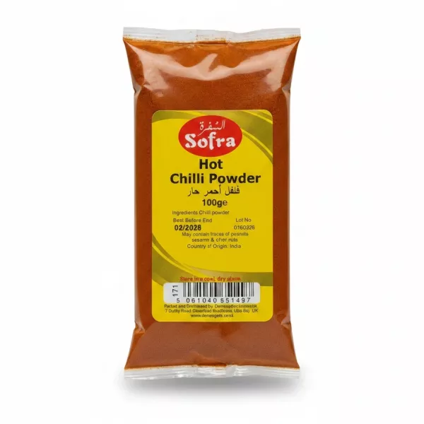 Packet of Sofra Hot Chilli Powder 100g showing vibrant red spice in transparent pack with yellow label