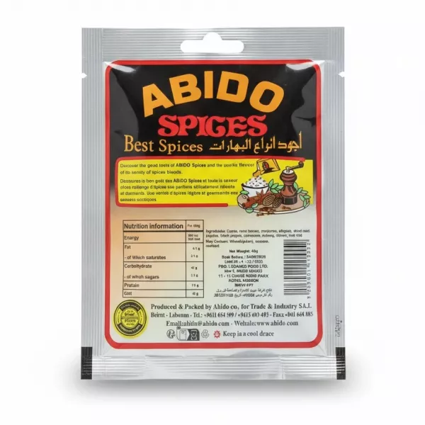 Abido Kibby Spices 40g pack nutritional info and ingredients