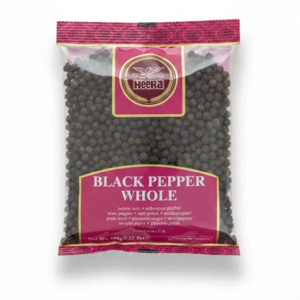 Heera brand pack of whole black peppercorns visible through packaging