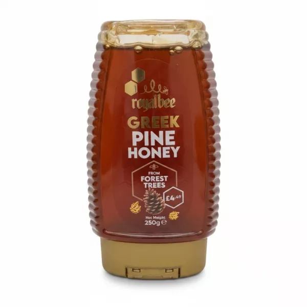 Bottle of Royalbee Greek Pine Honey front view