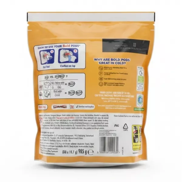 Back of Bold laundry pods pack showing usage instructions and ingredients
