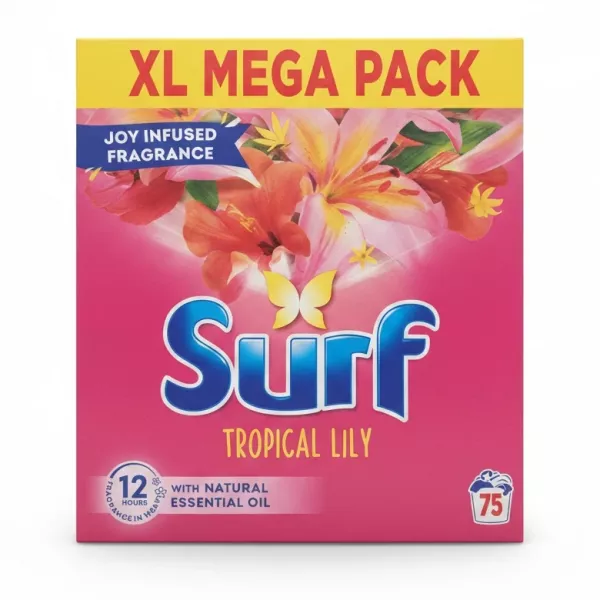 Front view of Surf Tropical Lily laundry powder XL mega pack