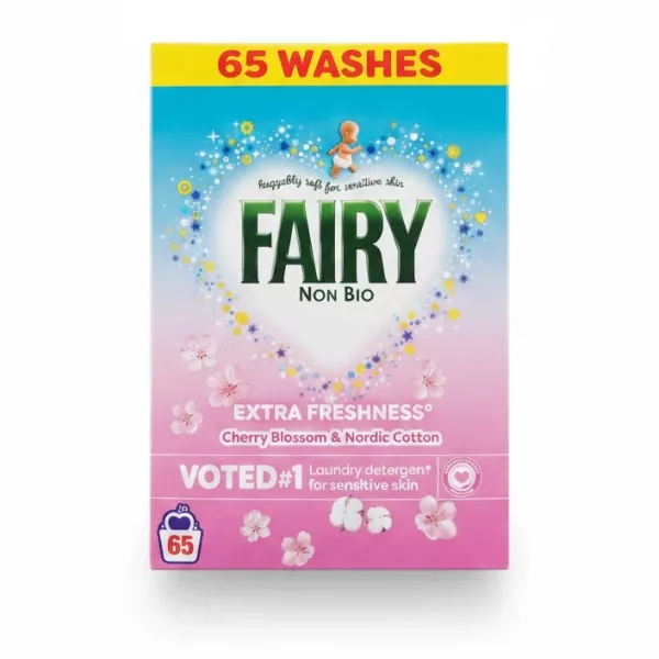 Fairy Non Bio laundry powder box with cherry blossom and Nordic cotton fragrance
