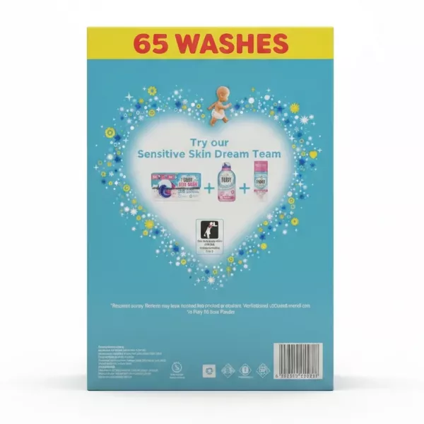 Back of Fairy Non Bio laundry powder box with product highlights and sensitive skin dream team