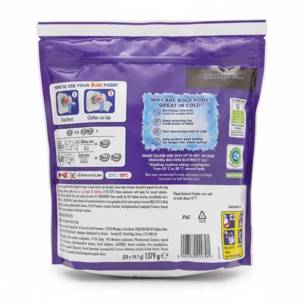 Bold Laundry Pods package back displaying usage instructions and ingredients