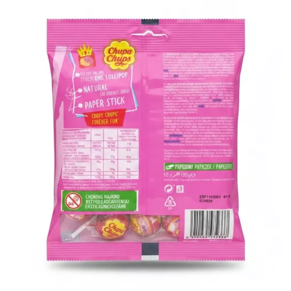 Chupa Chups Strawberry Love lollipops pack back view showing nutrition and ingredients