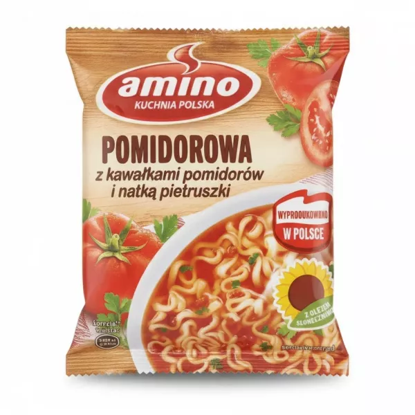 Amino tomato soup pack front showing tomato and parsley design