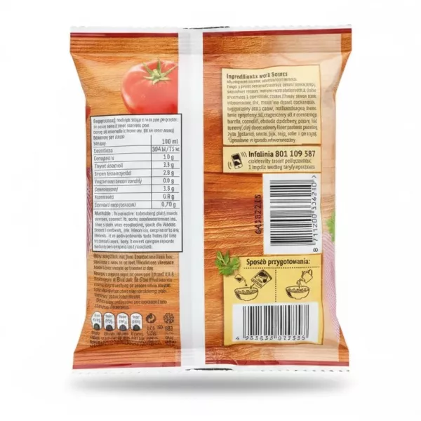 Back of Amino tomato soup pack with nutritional info and preparation instructions