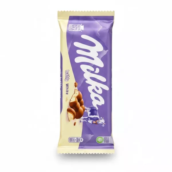 Milka Milky White chocolate bar packaging showing purple and cream colours